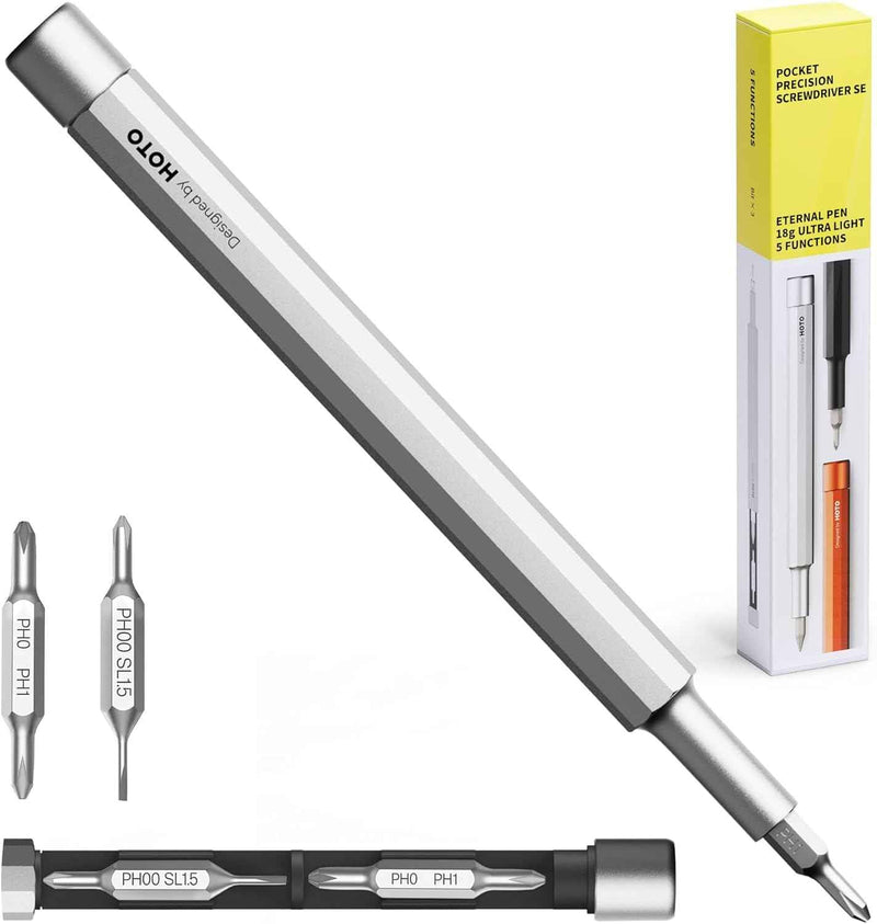 HOTO 5 in 1 Multitool Mini Screwdriver Set, Lightweight Pocket Screwdriver for Eyeglasses & Electronics, Magnetic Bits, Compact EDC Precision Set for Portable Repairs (SILVER)