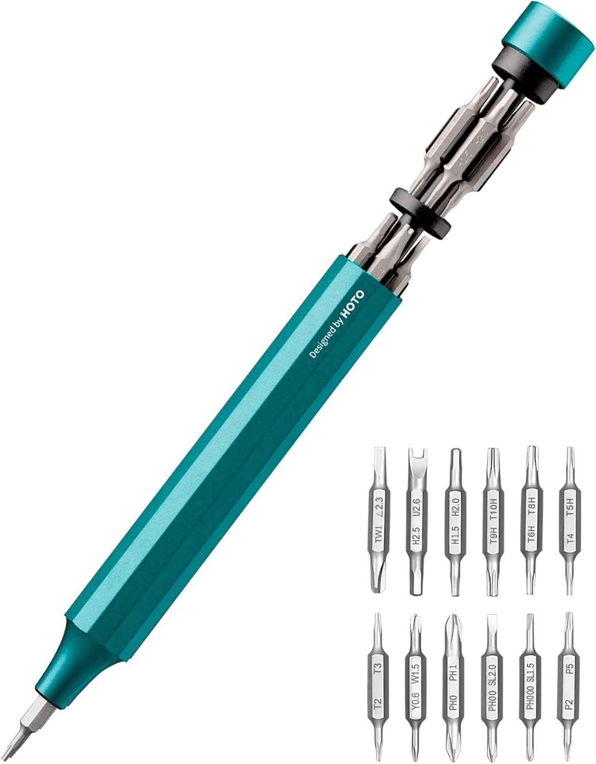 Green HOTO 24-in-1 precision screwdriver opened to show its removable magnetic bit cabinet and reversible bits