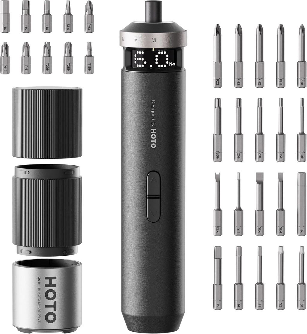 HOTO PixelDrive Cordless Screwdriver Set – Smart Display, 6 Torque Settings, 30 Bits (QWLSD014/HTE0033GL)
