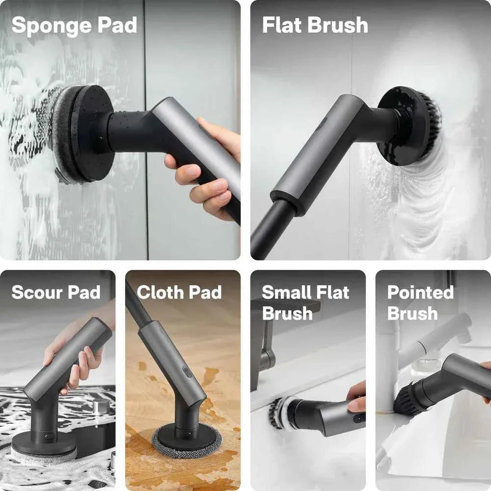 HOTO Electric Spin Scrubber – Cordless Long-Handle Cleaning Brush with 6 Replaceable Heads, IPX7 Waterproof, Up to 110 Min Runtime, for Bathroom, Floor, Tile & Kitchen