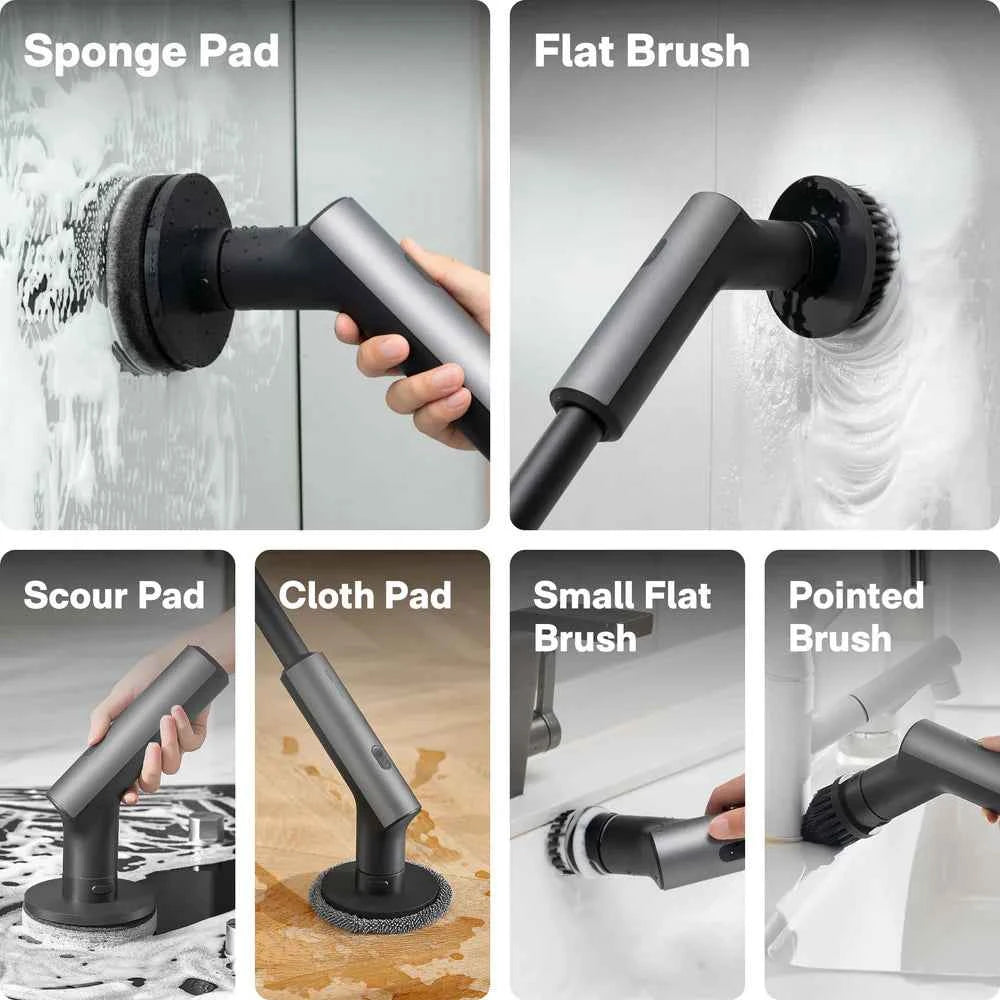HOTO Electric Spin Scrubber – Cordless Long-Handle Cleaning Brush with 6 Replaceable Heads, IPX7 Waterproof, Up to 110 Min Runtime, for Bathroom, Floor, Tile & Kitchen