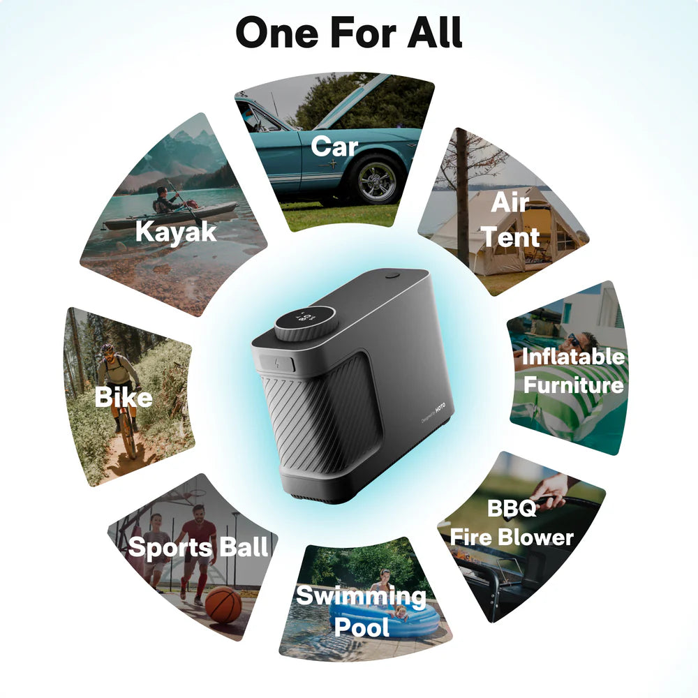 HOTO Air Pump Master – Cordless & 12 V Rechargeable Tire & Inflatable Pump, Up to 150 PSI/350 L min, 9 Smart Modes for Car, Bike, Kayak & Home Use - Hoto India