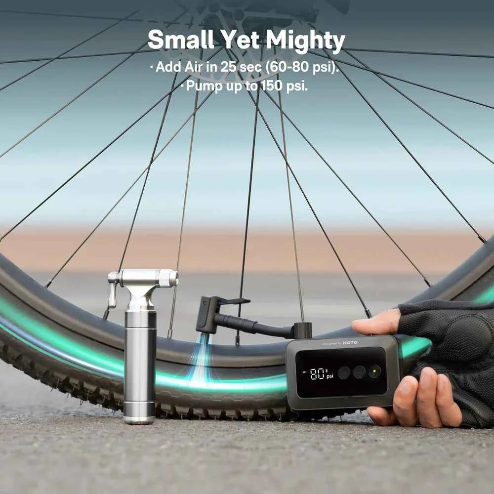 HOTO Air Pump Pocket – Compact Cordless Tire Inflator for Bikes & Motorcycles, Up to 150 PSI, 2,000 mAh Battery, Digital Display & Flick-Start Operation