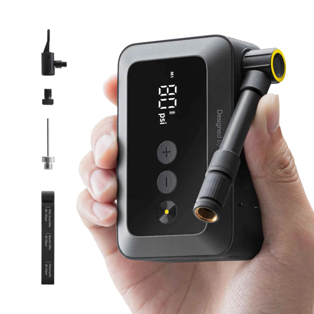 HOTO Air Pump Pocket – Compact Cordless Tire Inflator for Bikes & Motorcycles, Up to 150 PSI, 2,000 mAh Battery, Digital Display & Flick-Start Operation