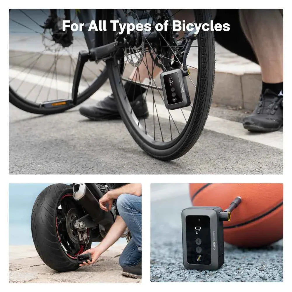 HOTO Air Pump Pocket – Compact Cordless Tire Inflator for Bikes & Motorcycles, Up to 150 PSI, 2,000 mAh Battery, Digital Display & Flick-Start Operation