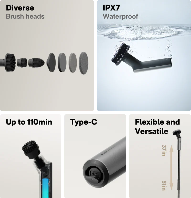 HOTO Electric Spin Scrubber – Cordless Long-Handle Cleaning Brush with 6 Replaceable Heads, IPX7 Waterproof, Up to 110 Min Runtime, for Bathroom, Floor, Tile & Kitchen - Hoto India